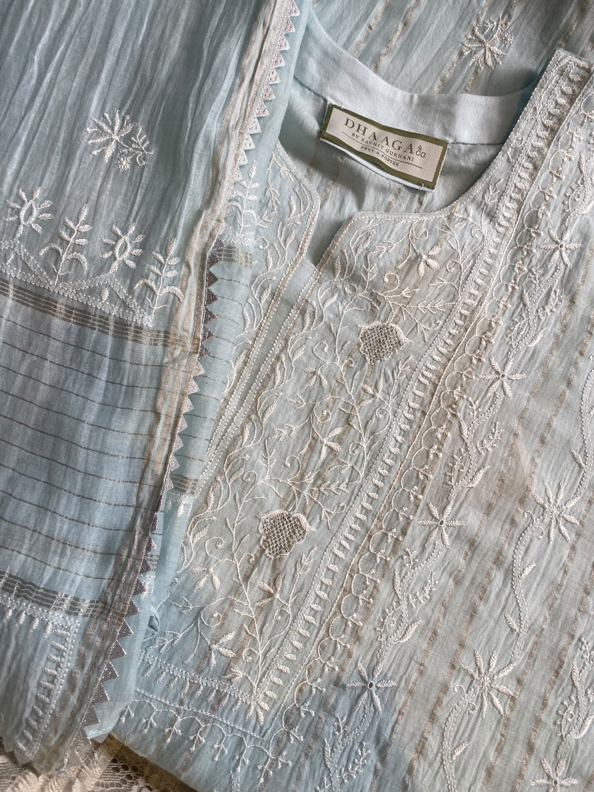 Powder Blue Striped Mul Chanderi Kurta Set