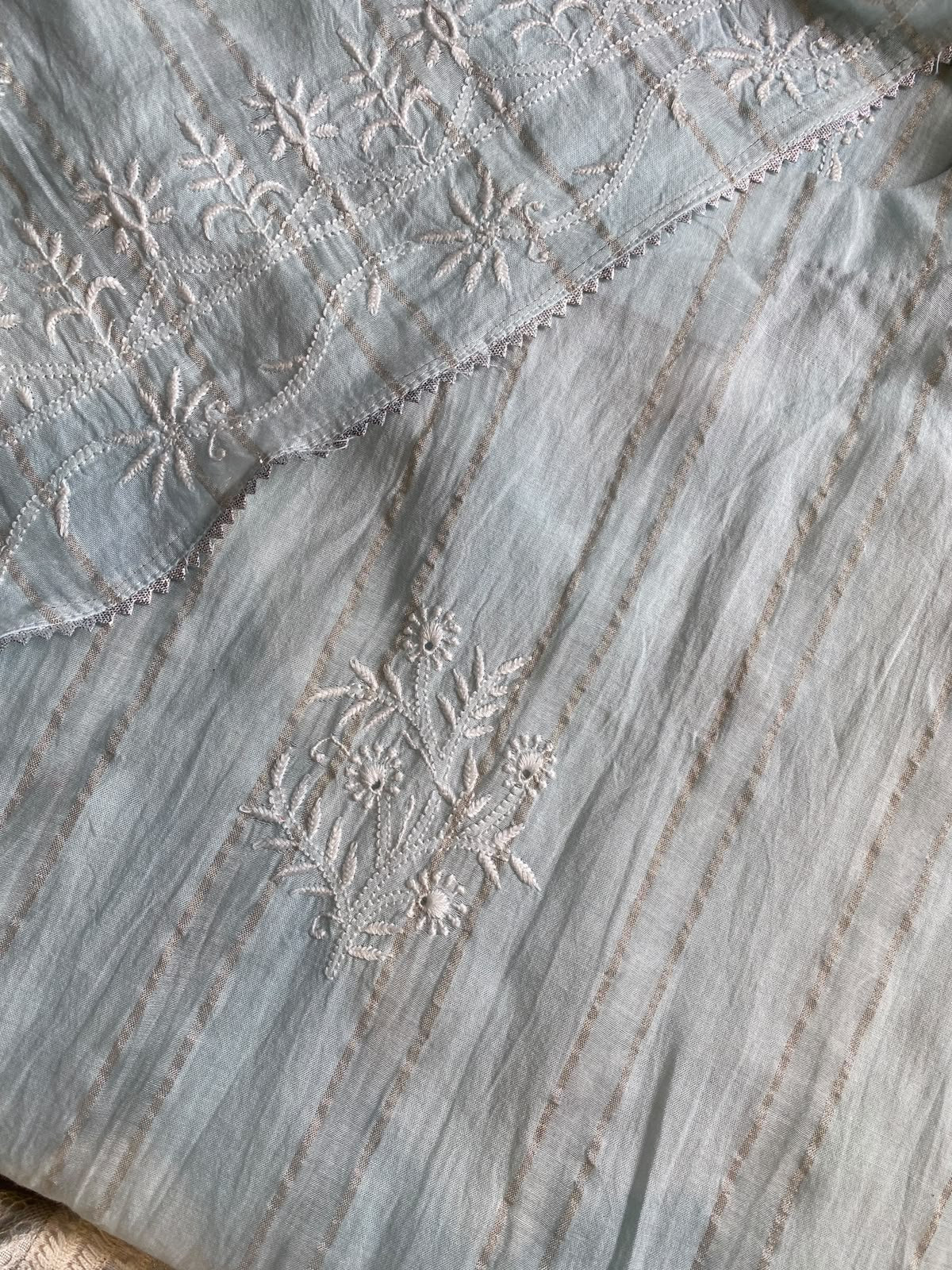 Powder Blue Striped Mul Chanderi Kurta Set