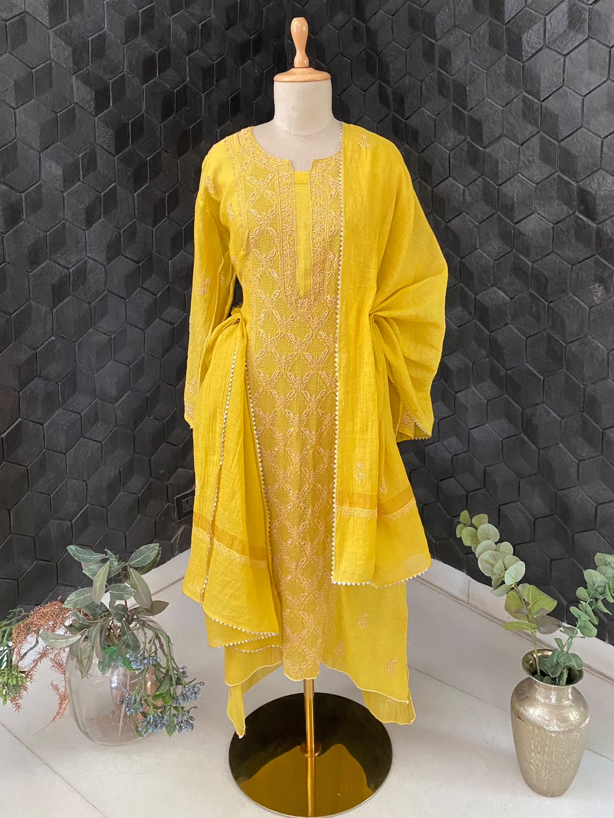 Ochre Yellow Tissue Chikankari Kurta Set