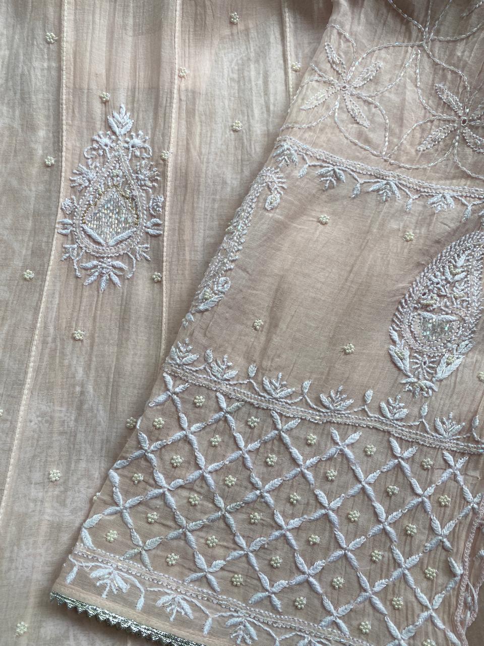 Pink chikankari Anarkali Suit in Mul Chanderi