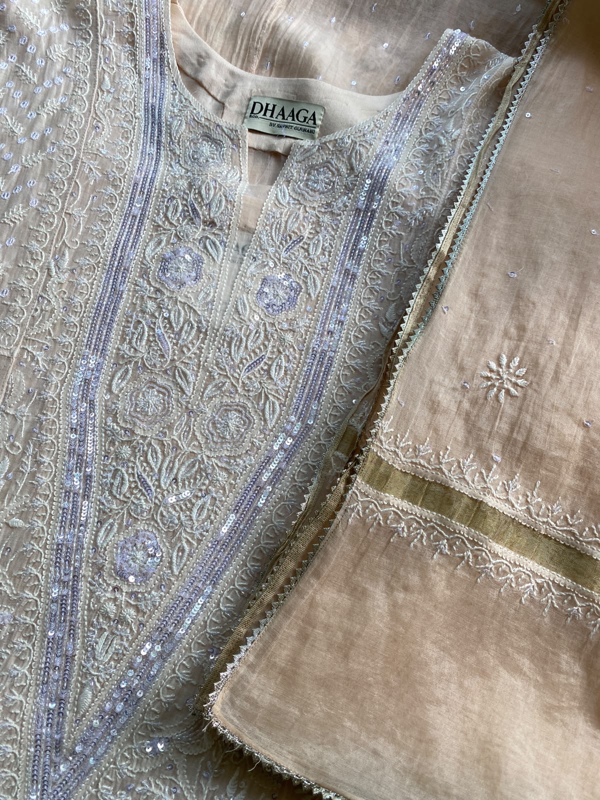 Peach Mul Chanderi Chikankari kurta set