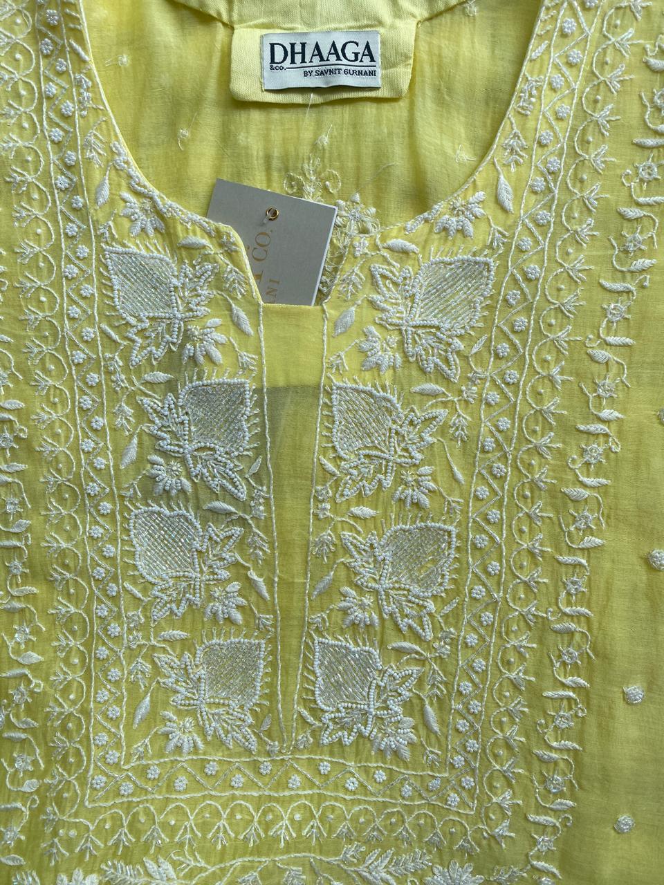 yellow Mul Chanderi Chikankari Kurta Set