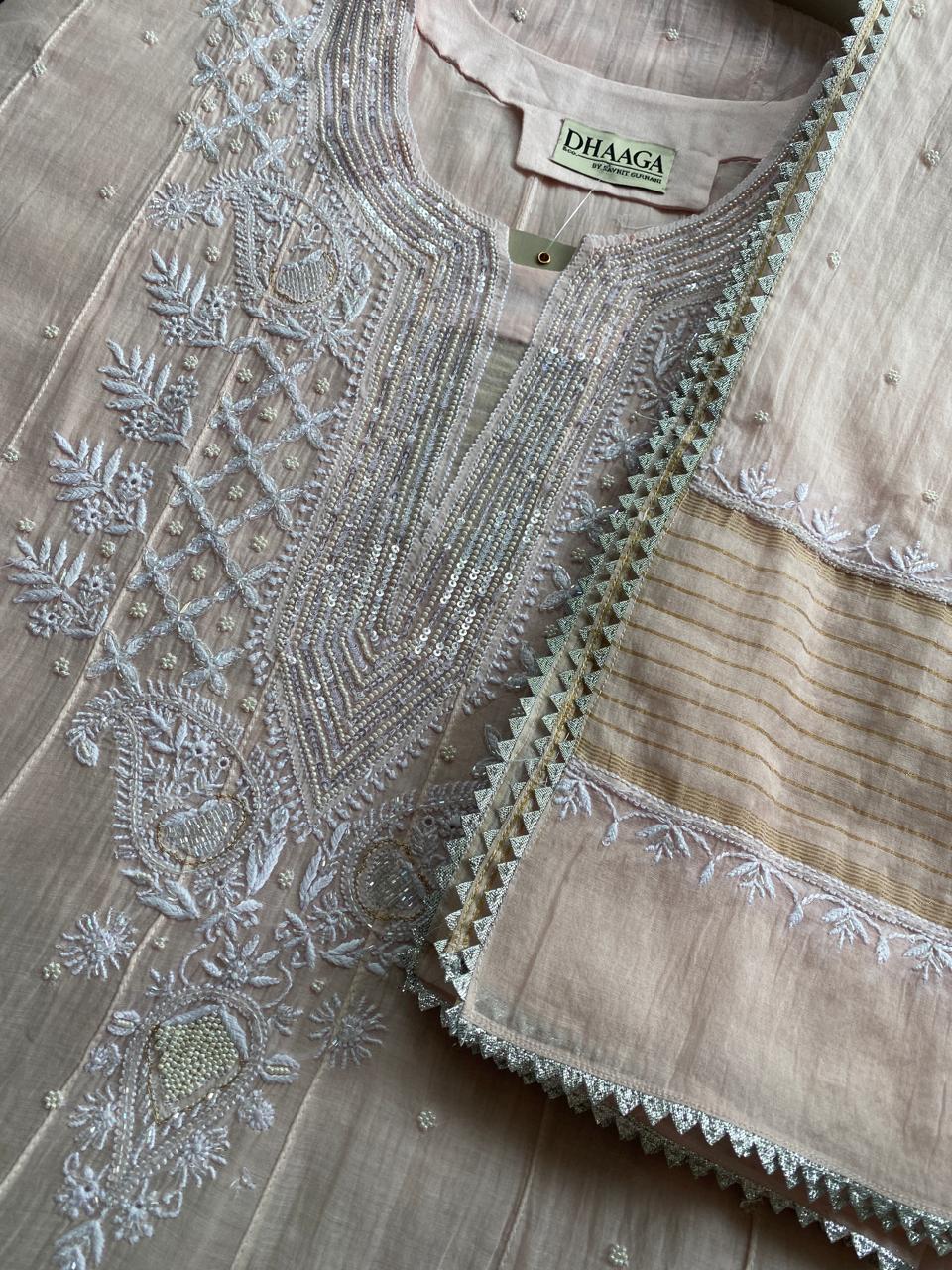 Pink chikankari Anarkali Suit in Mul Chanderi