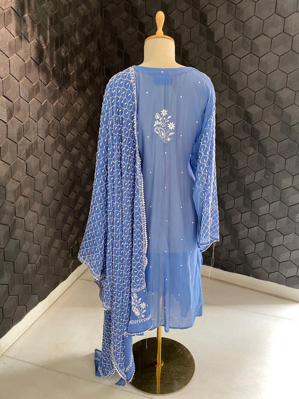 cobalt blue Mul Chanderi Chikankari Kurta Set