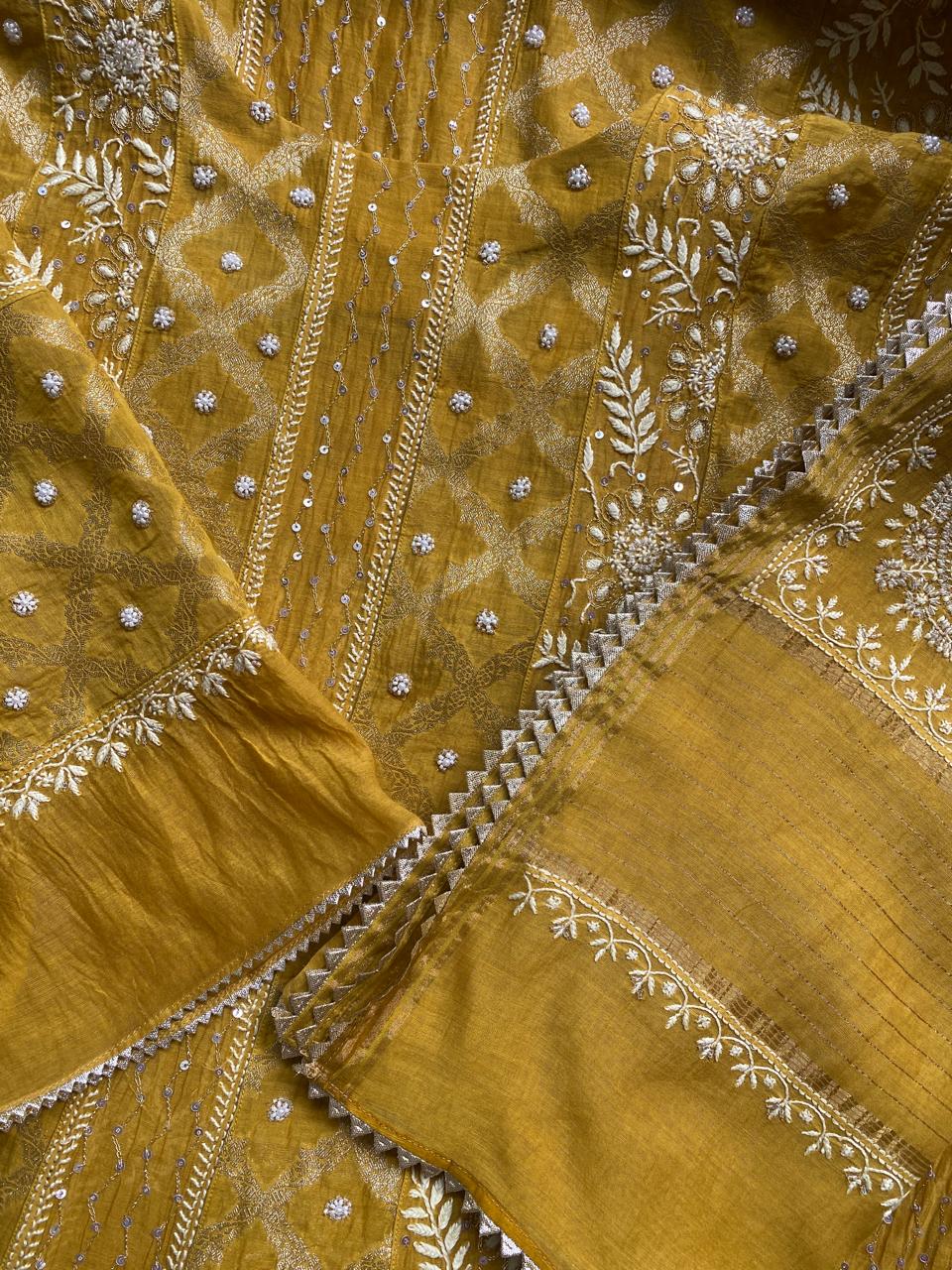 Mustard yellow Mul chanderi zari Box kasab anarkali suit