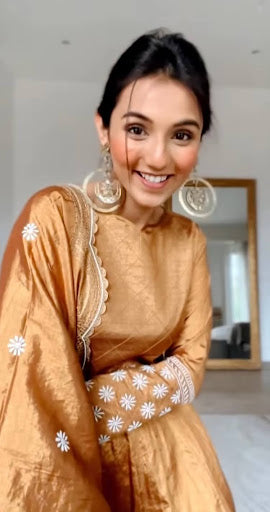 Masoom Minawala in Zari Tissue Copper Anarkali Set with Aari and Chikankari