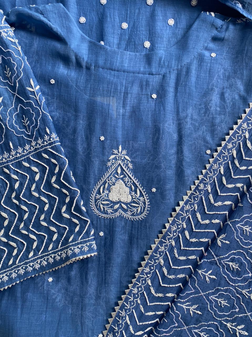 Cobalt Blue Mul chanderi chikankari with heavy dupatta kurta set