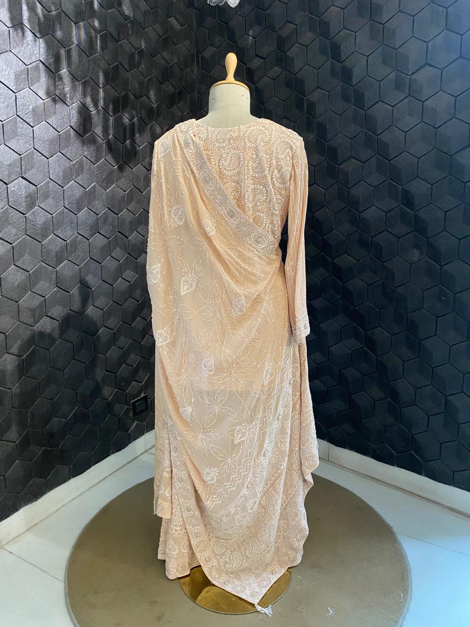 Peach Georgette Chikankari Sharara Set With Paisley Jaal