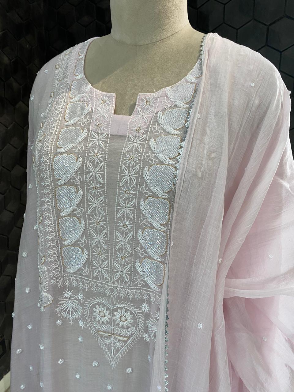 Lilac Mul Chanderi Chikankari Kurta Set