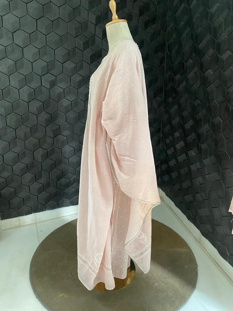 Pink silver tissue chikankari Anarkali set