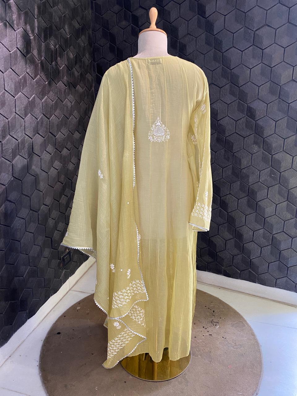 Pista Green Mul chanderi Anarkali kurta Set in