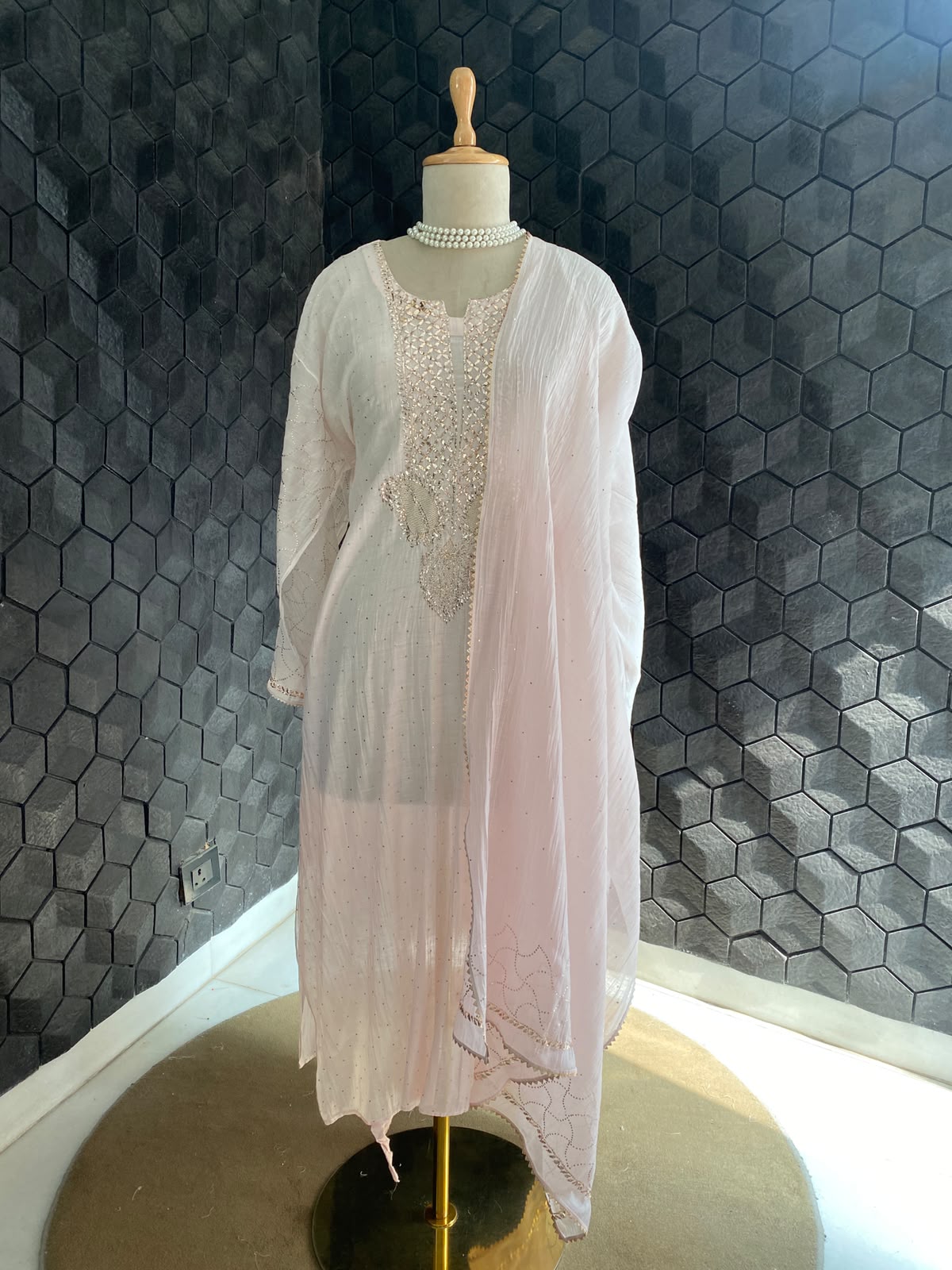 Powder Pink Mul Chanderi Chikankari Kurta Set