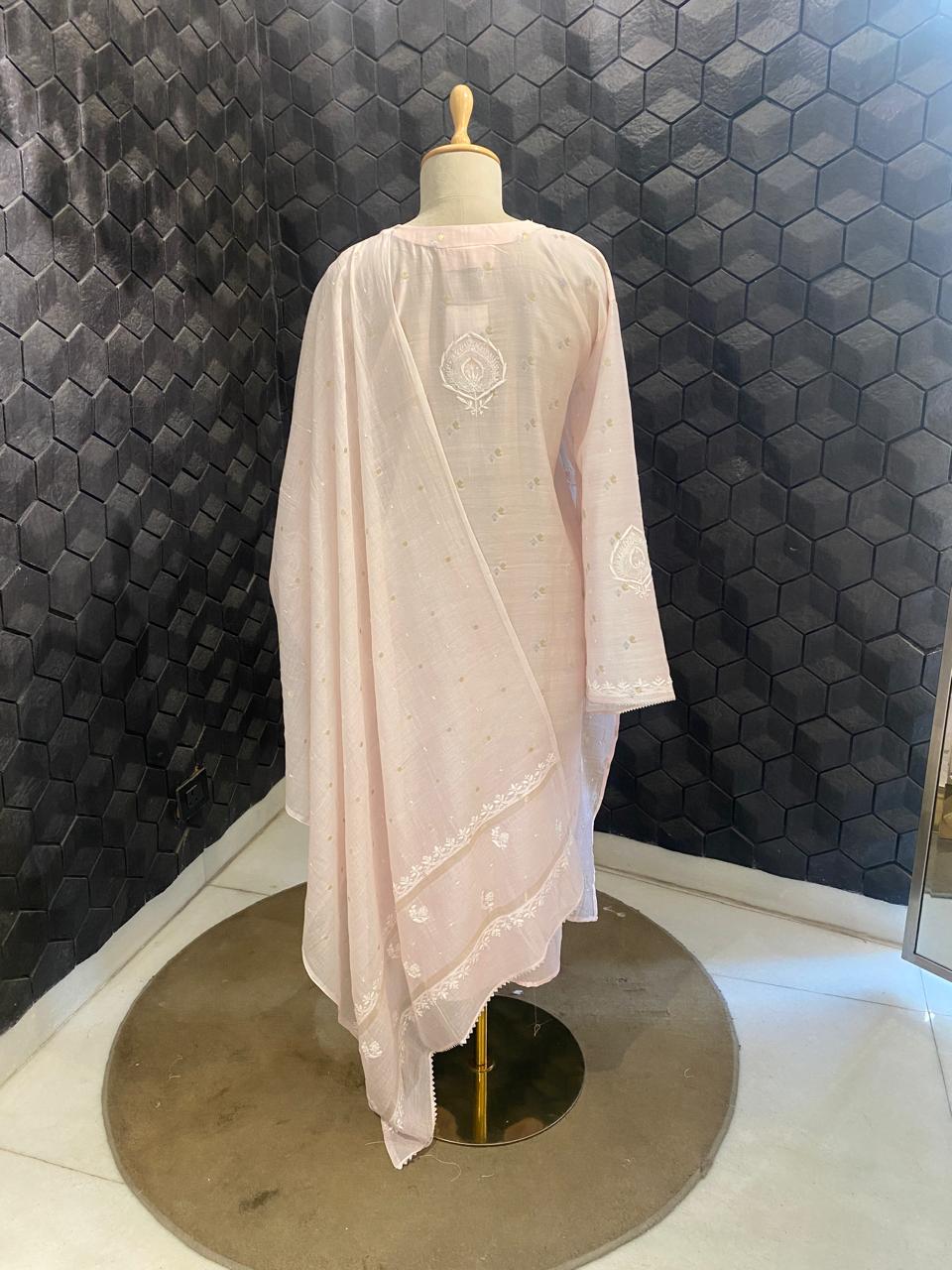 pink mul chanderi silver gold booti with chikankari kurta set