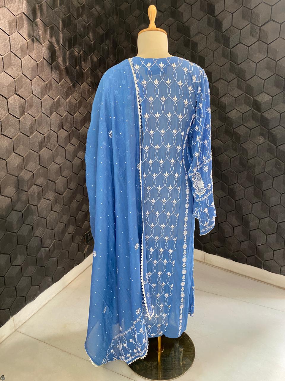 cobalt blue mul chanderi chikankari kurta set