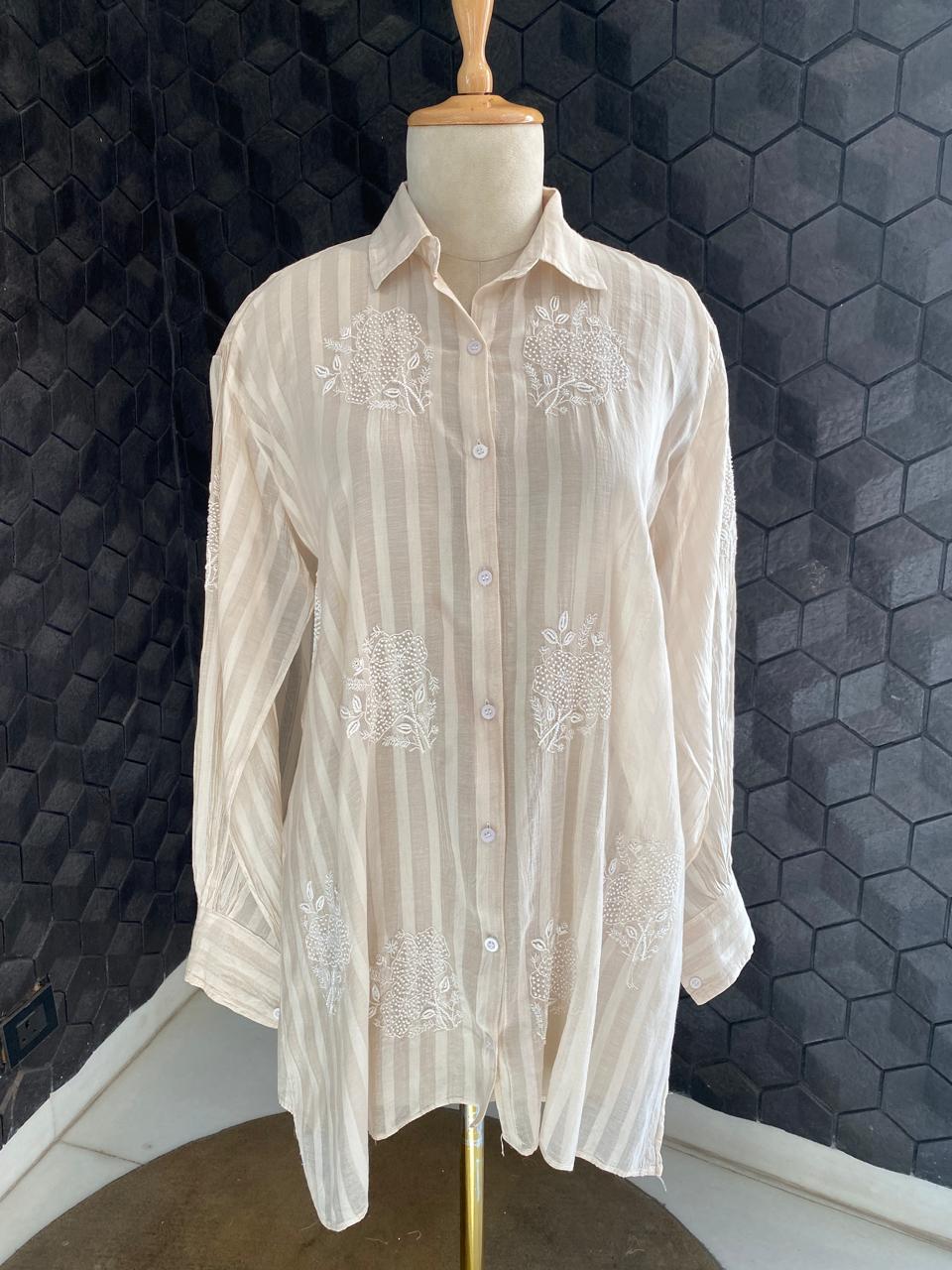 Beige striped Mul Chanderi Chikankari Co-ord set