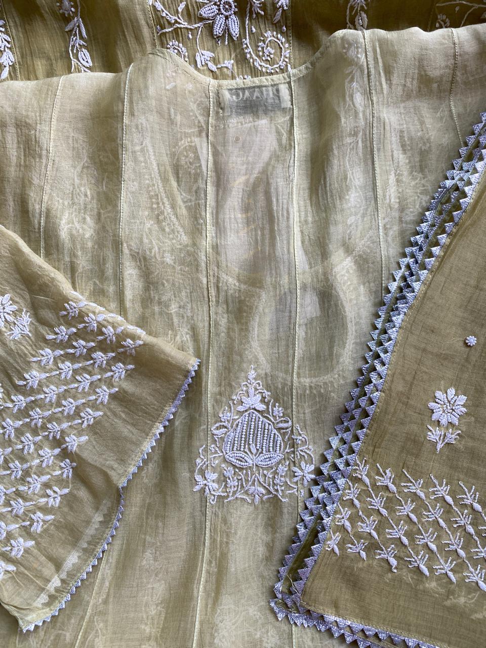 Pista Green Mul chanderi Anarkali kurta Set in