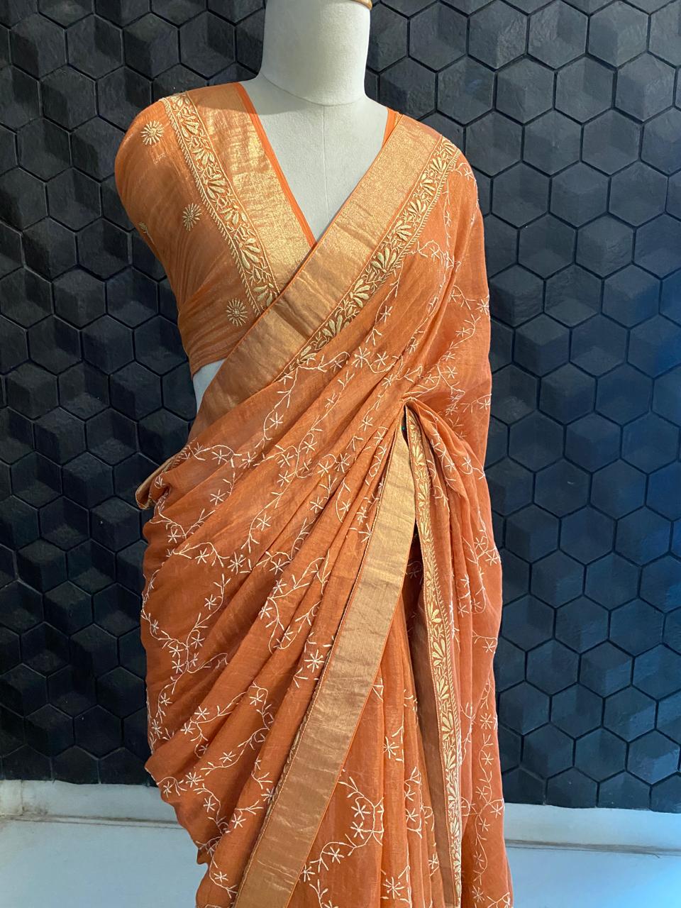 Rust Orange chikankari saree
