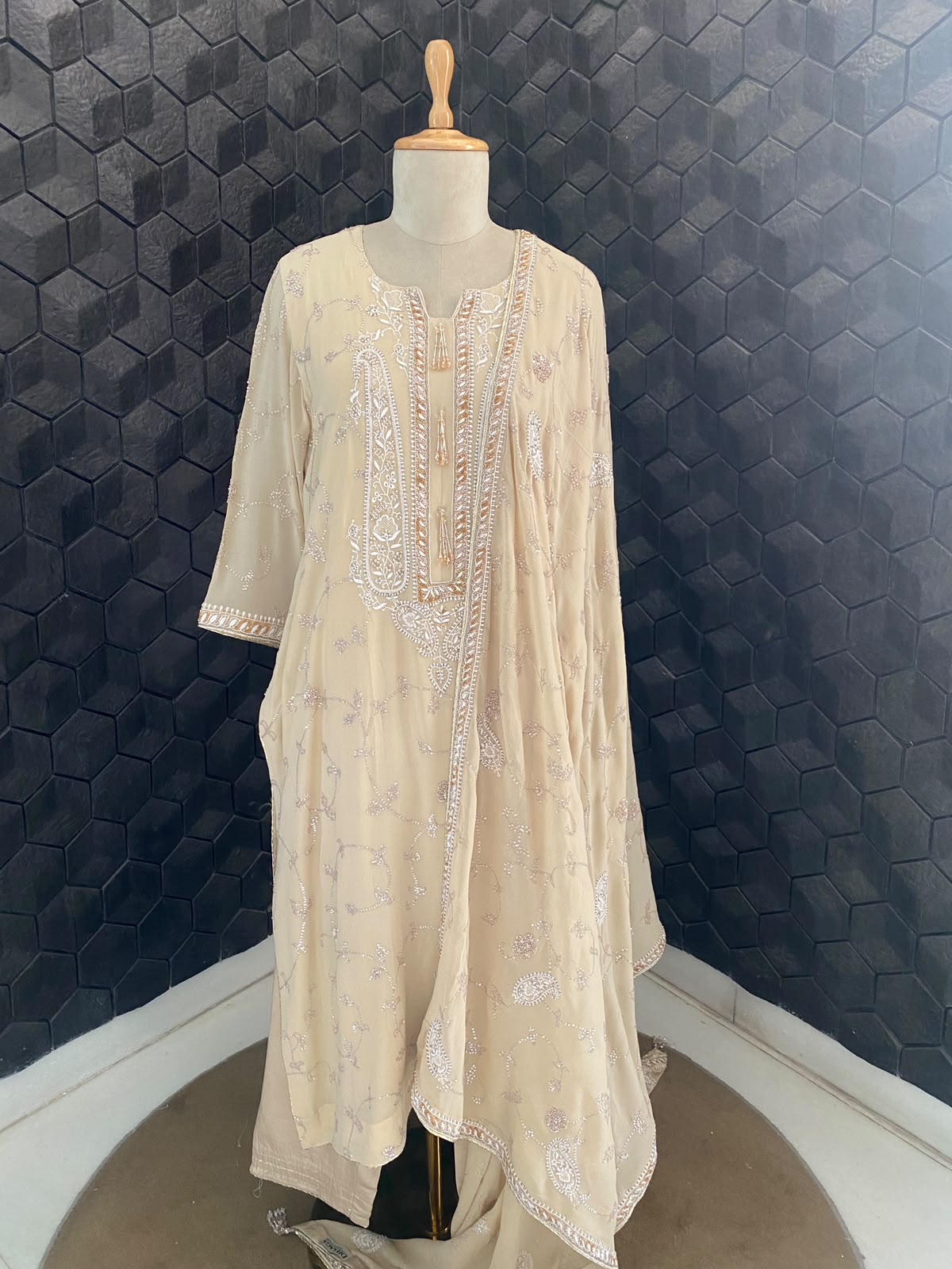 Beige Georgette Chikankari Kurta Set