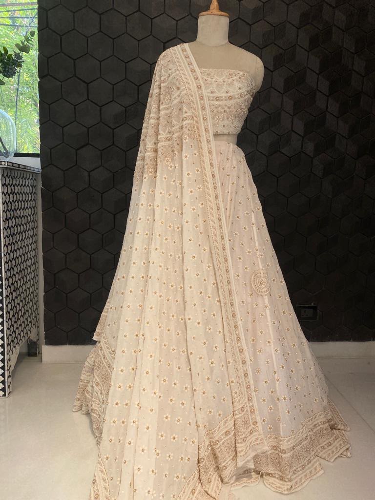 Ivory And Gold Chikankari and Zardozi Lehenga Set