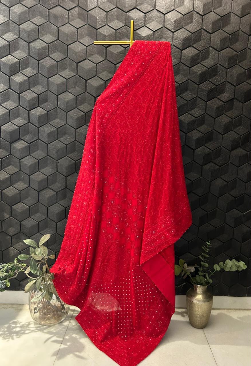 Red Georgette Chikankari Heavy Dupatta
