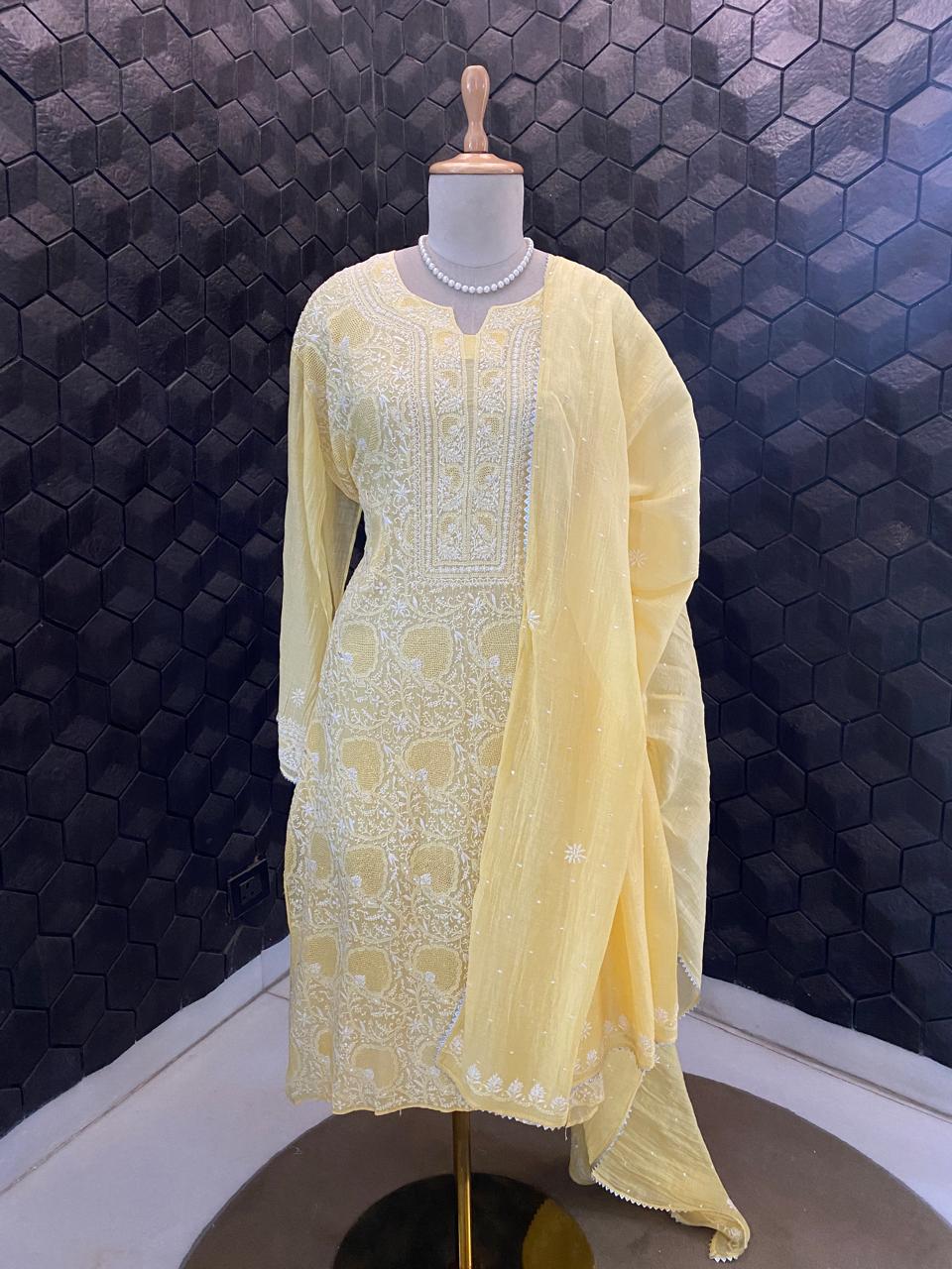 yellow Mul Chanderi Chikankari Kurta Set
