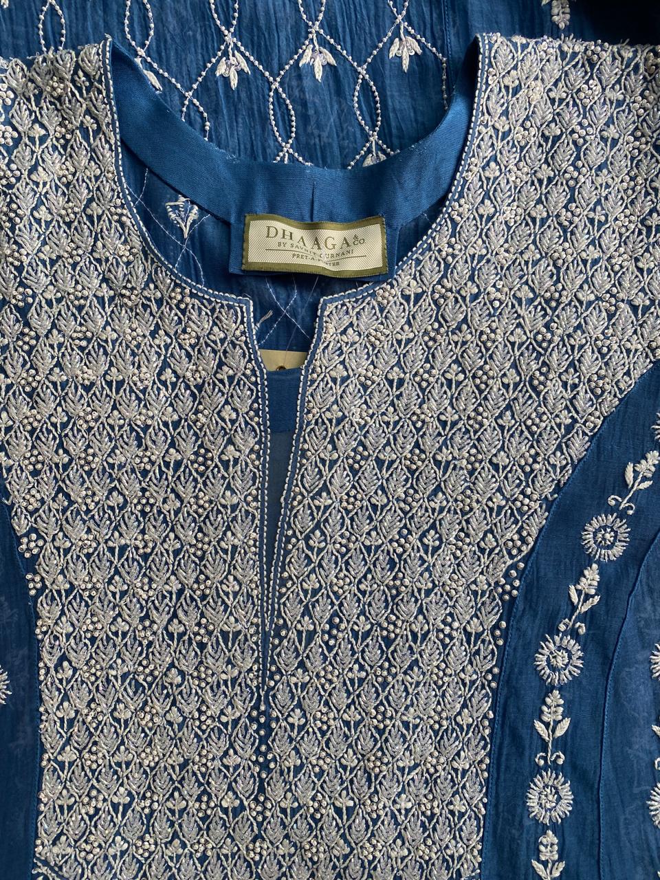 cobalt blue mul chanderi chikankari kurta set