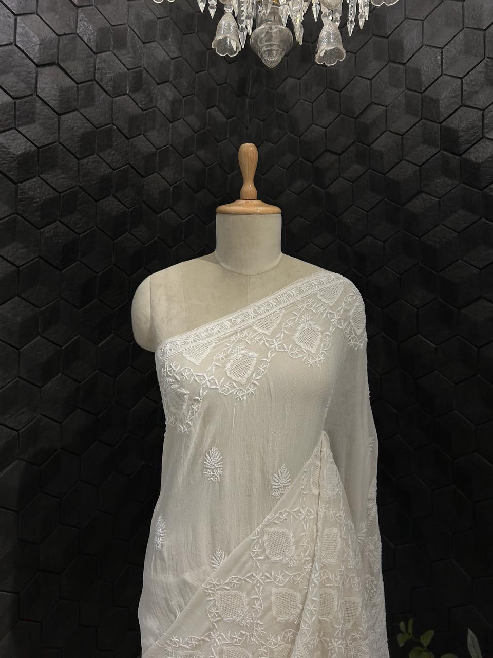 Premium White Chiffon Chikankari Saree With Statement Chikankari Jaal