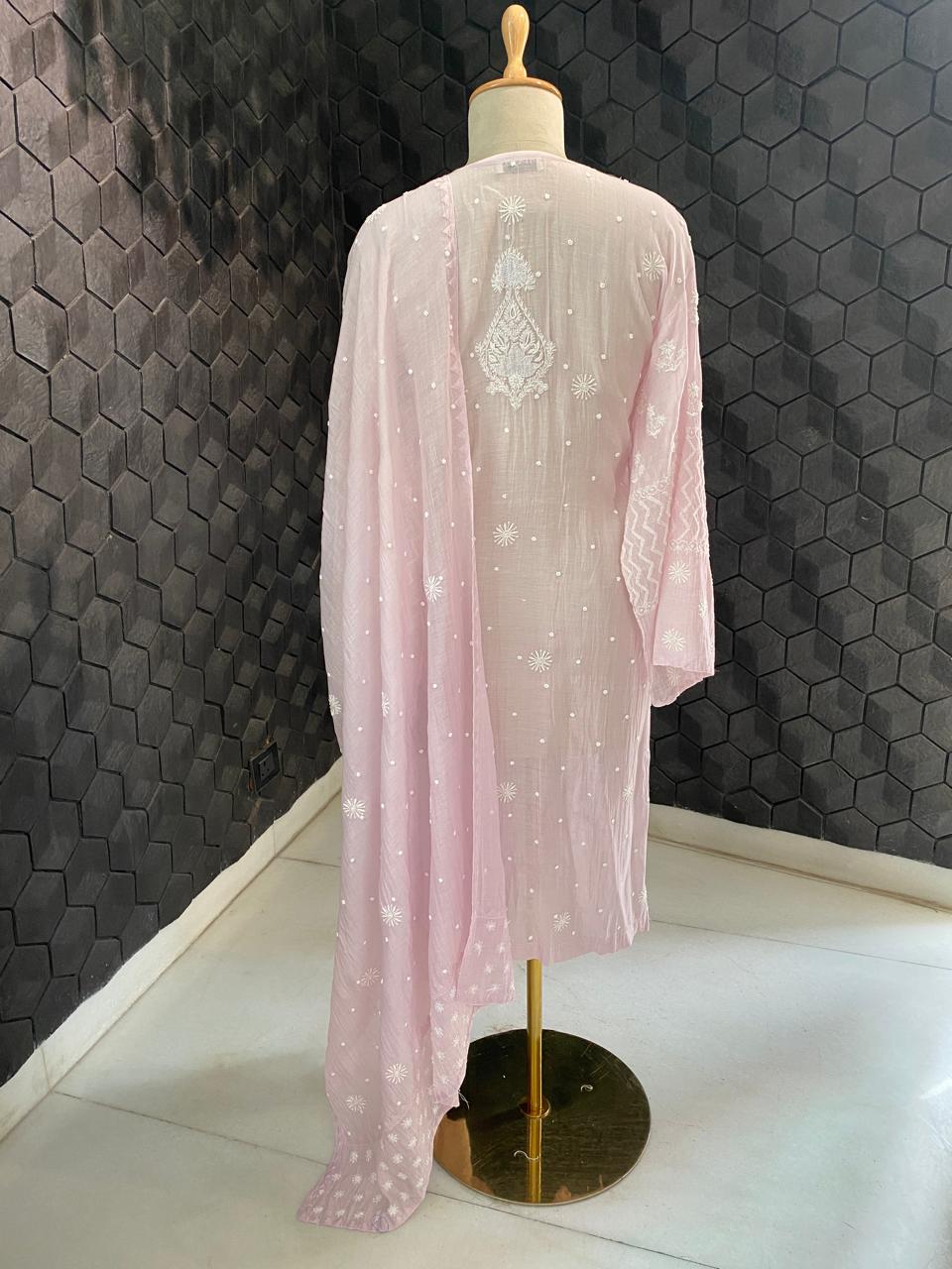 lilac mul chanderi chikankari kurta set