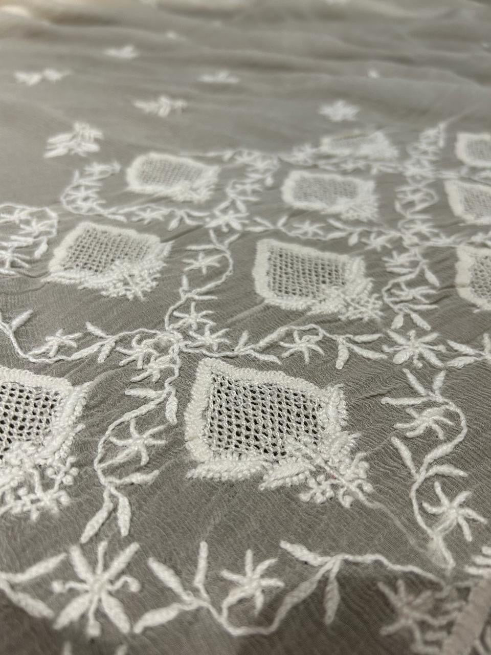 Premium White Chiffon Chikankari Saree With Statement Chikankari Jaal