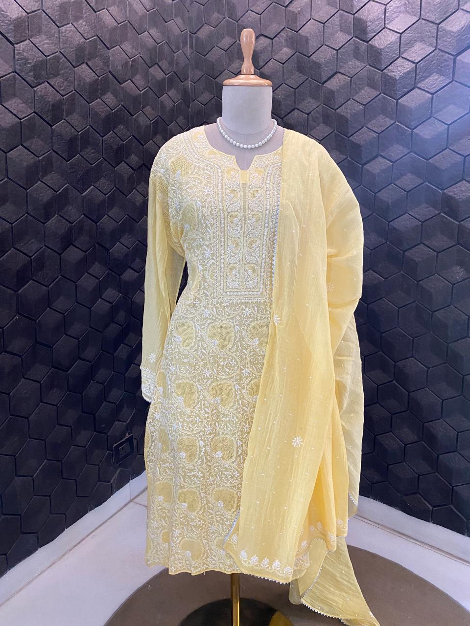 yellow Mul Chanderi Chikankari Kurta Set