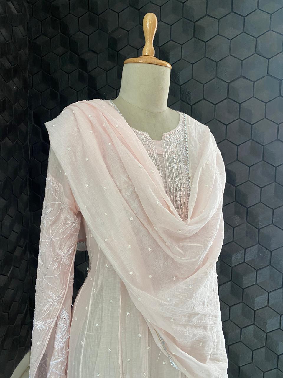 Pink chikankari Anarkali Suit in Mul Chanderi