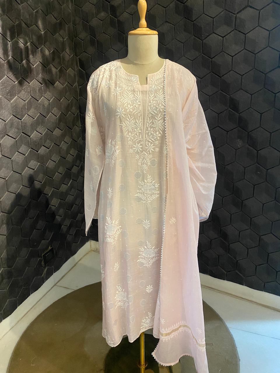 Pink Mul Chanderi with silver booti Chikankari Kurta Set