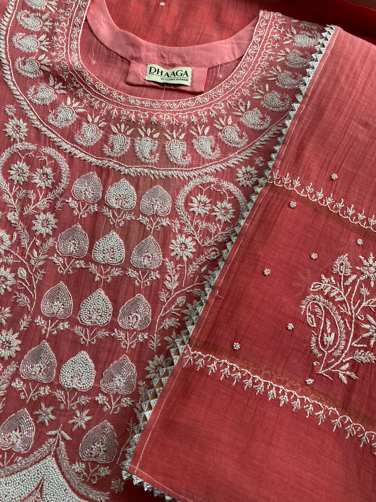 Pink Mul chanderi Chikankari kurta set.