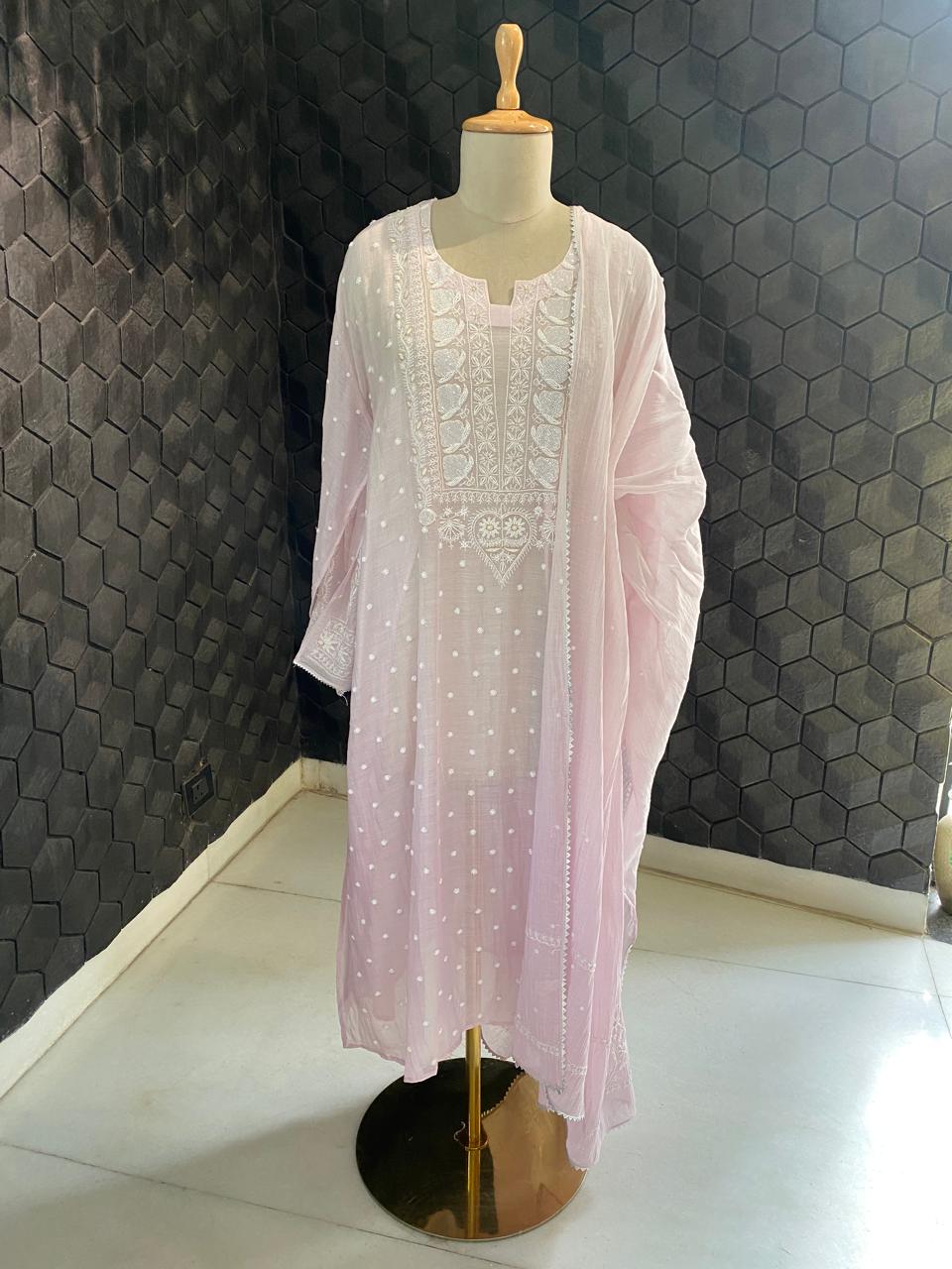 Lilac Mul Chanderi Chikankari Kurta Set