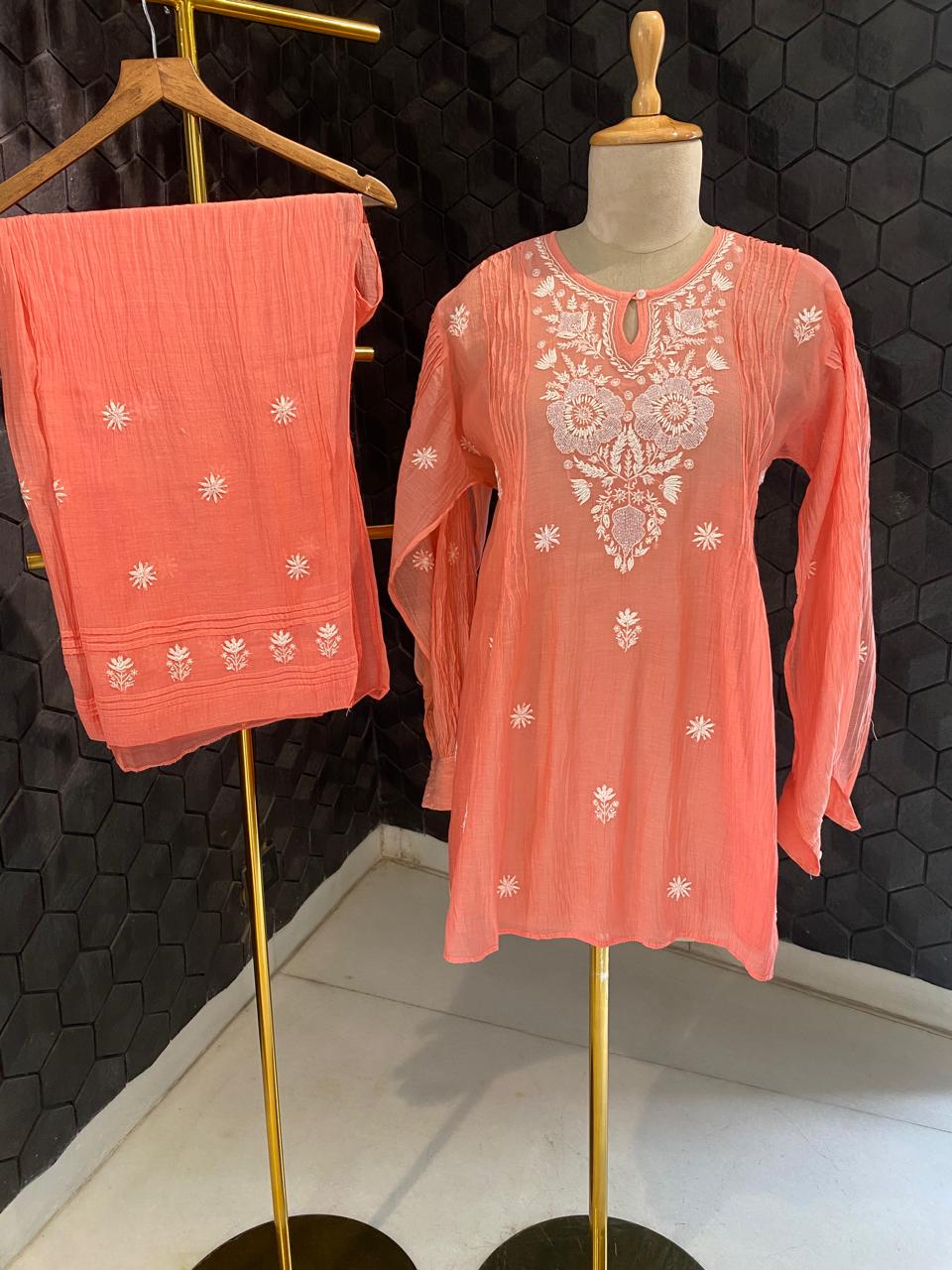 coral pink Mul Chanderi Chikankari Co-Ord Set