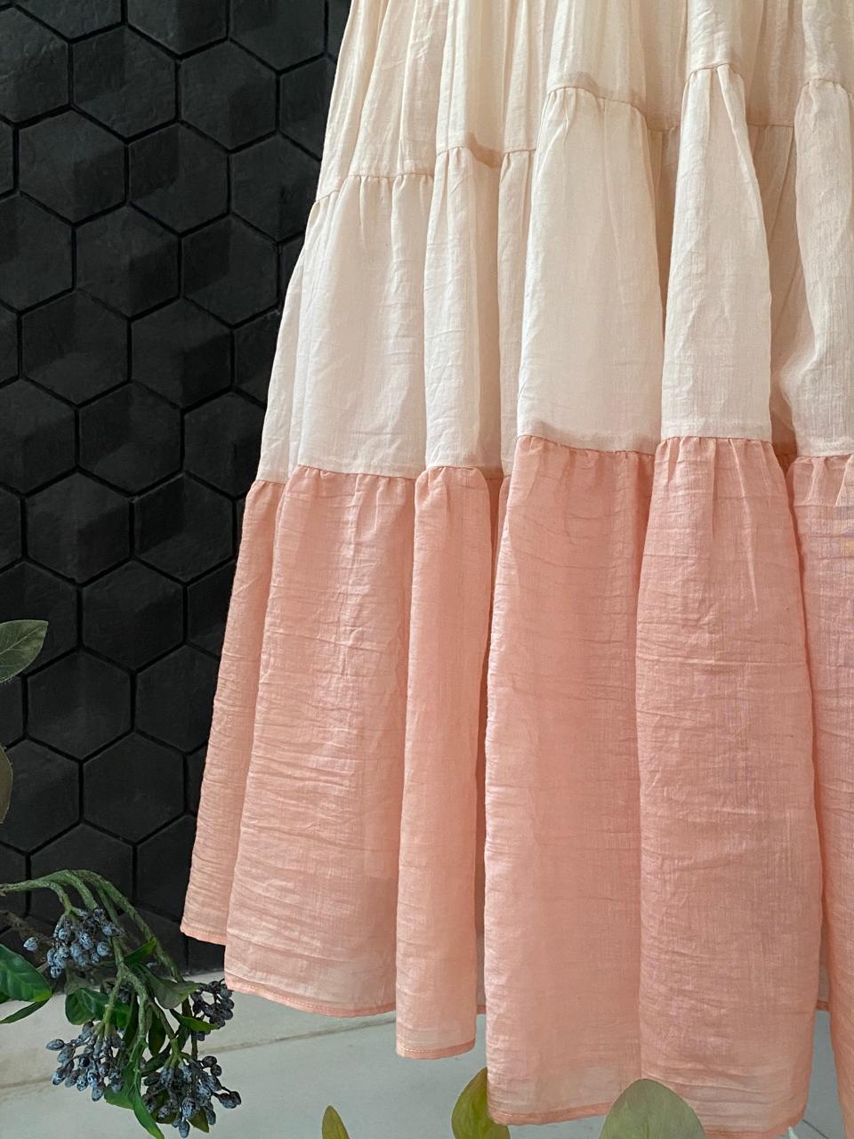 Peach Layered Ombre Mul Chanderi Dress with Statement Chikankari Yolk