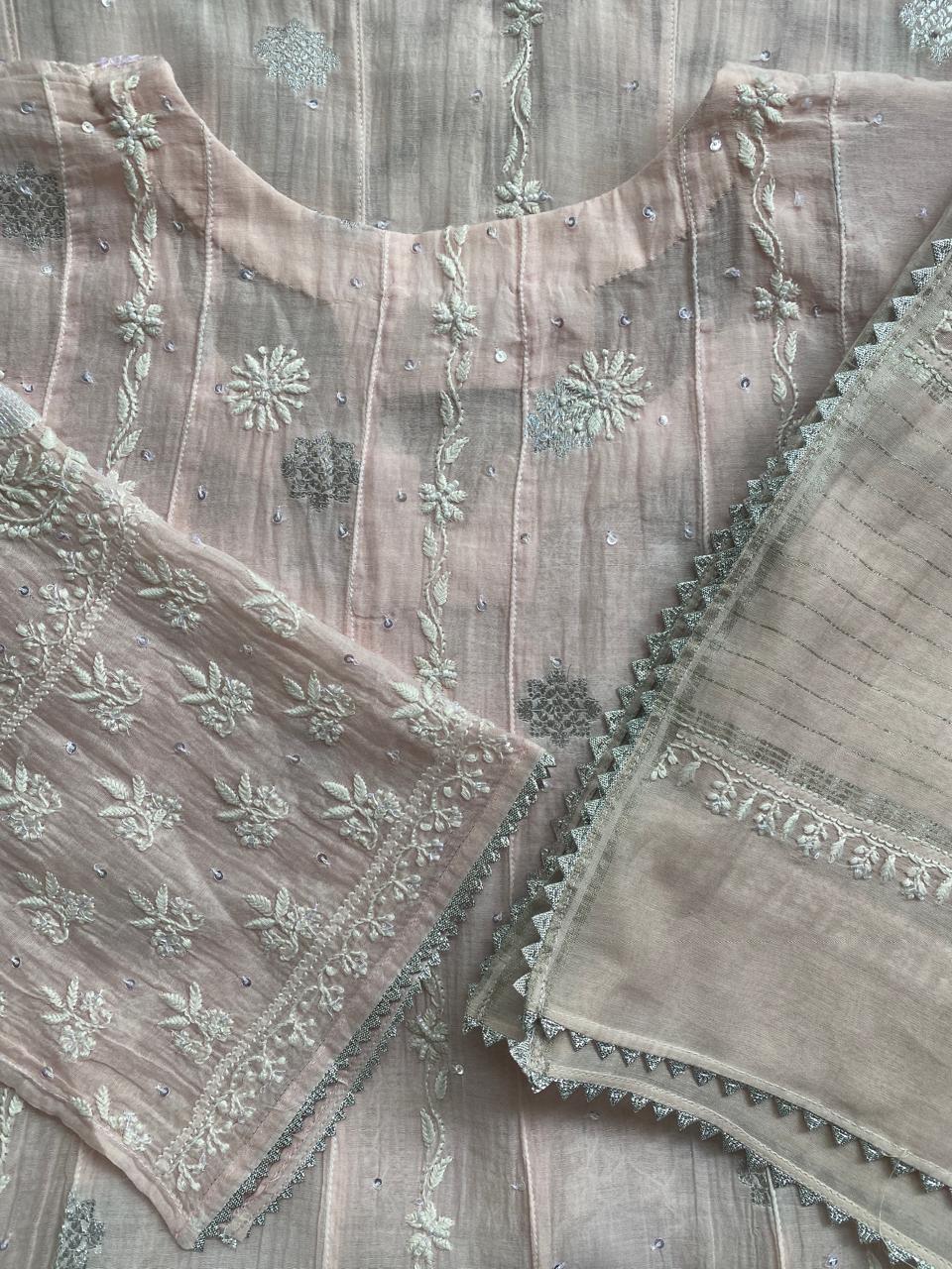 pink zari booti in mul chanderi chikankari anarkali kurta set