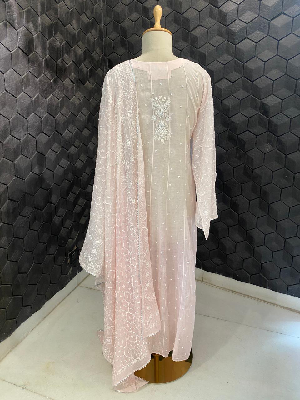 Pink mul chanderi chikankari Anarkali kurta set