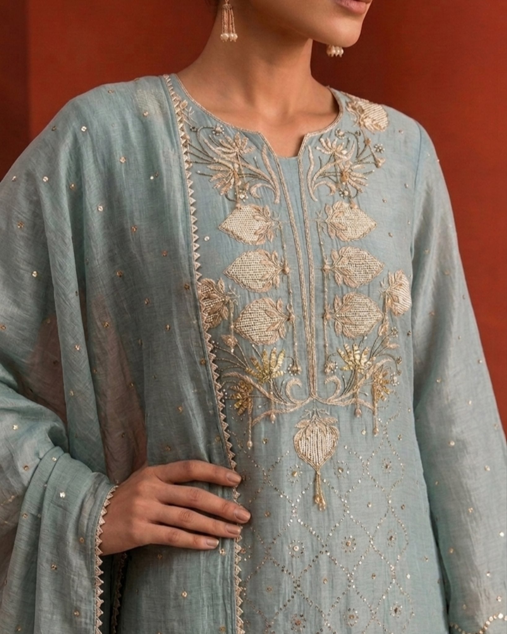 Teal Green Golden Tissue Mukaish and Kamdani Kurta Set