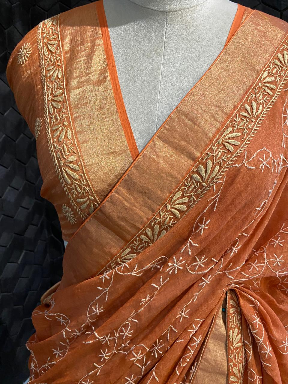 Rust Orange chikankari saree