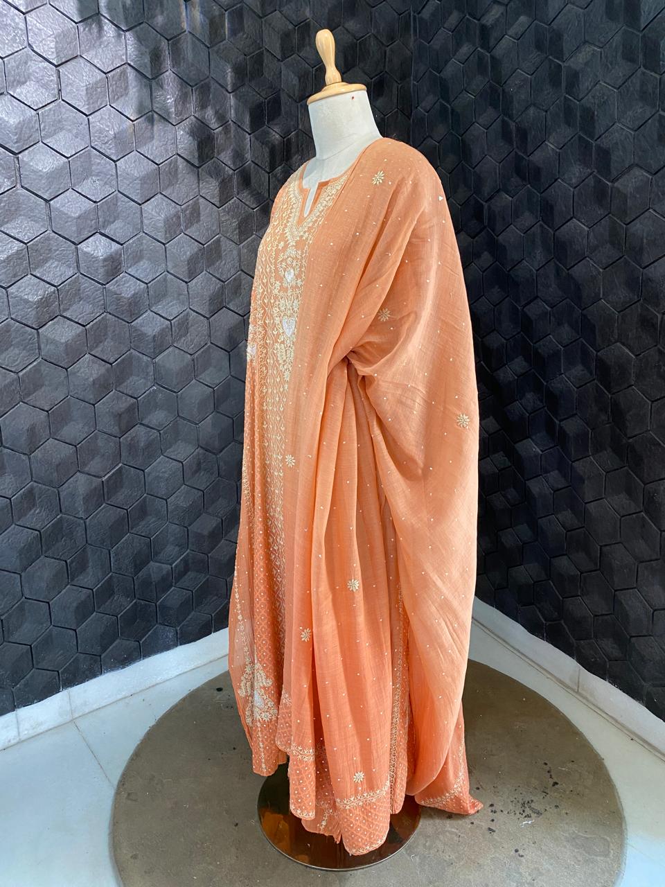 Orange mul chanderi chikankari Anarkali kurta set
