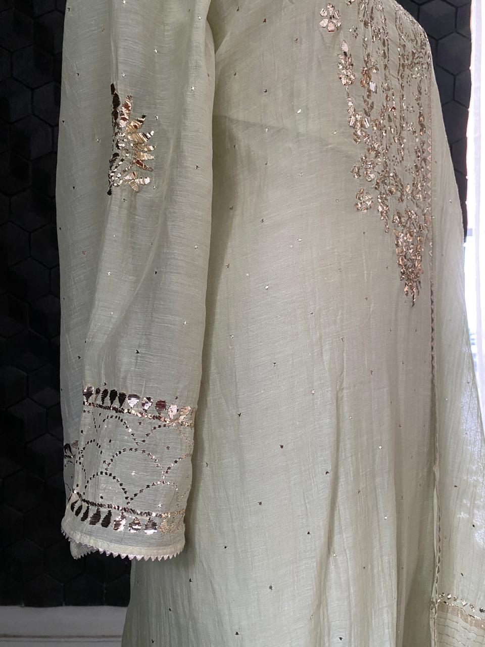 Pista Green Mul Chanderi Mukaish kurta Set