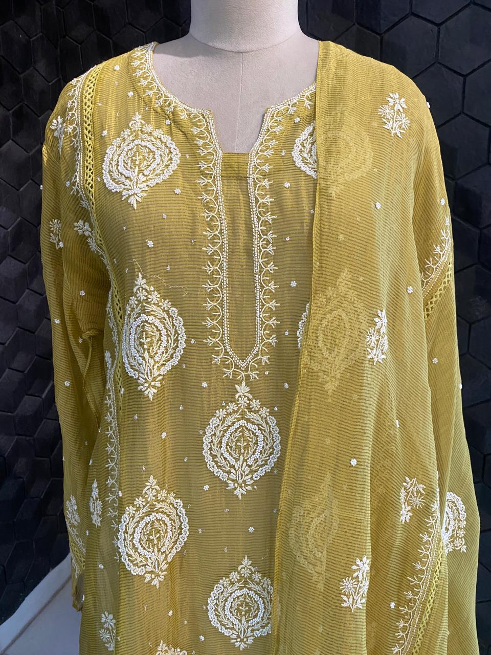 Natural Striped Tissue Chikankari Kurta Set