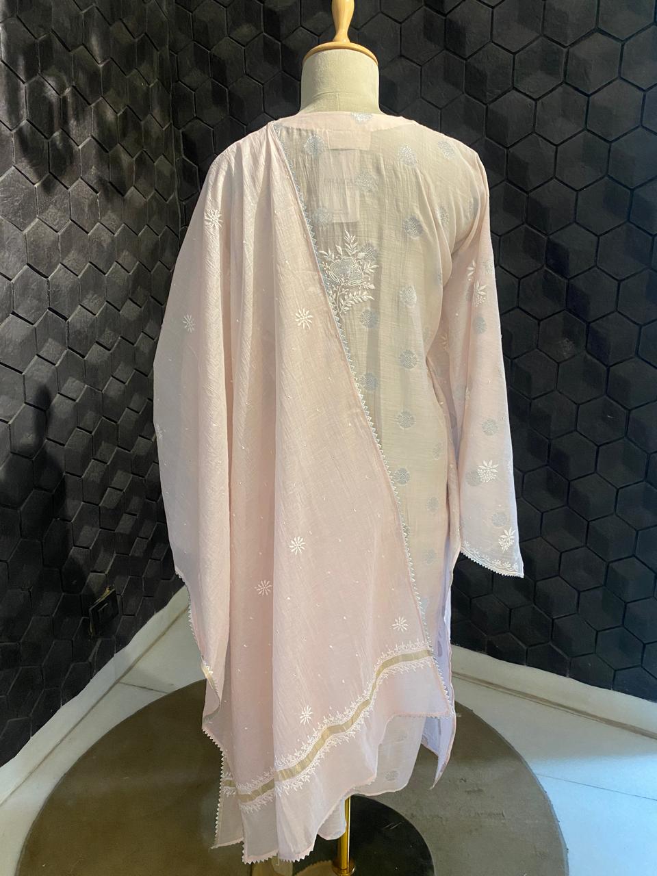 Pink Mul Chanderi with silver booti Chikankari Kurta Set
