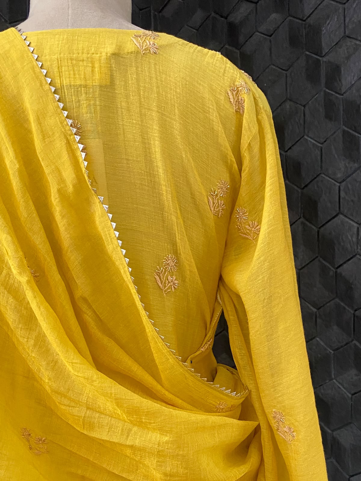 Ochre Yellow Tissue Chikankari Kurta Set