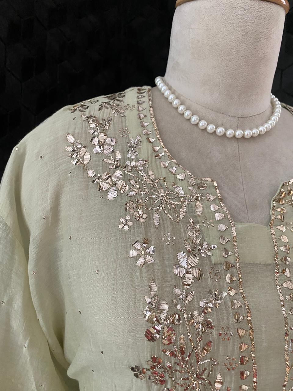 Pista Green Mul Chanderi Mukaish kurta Set