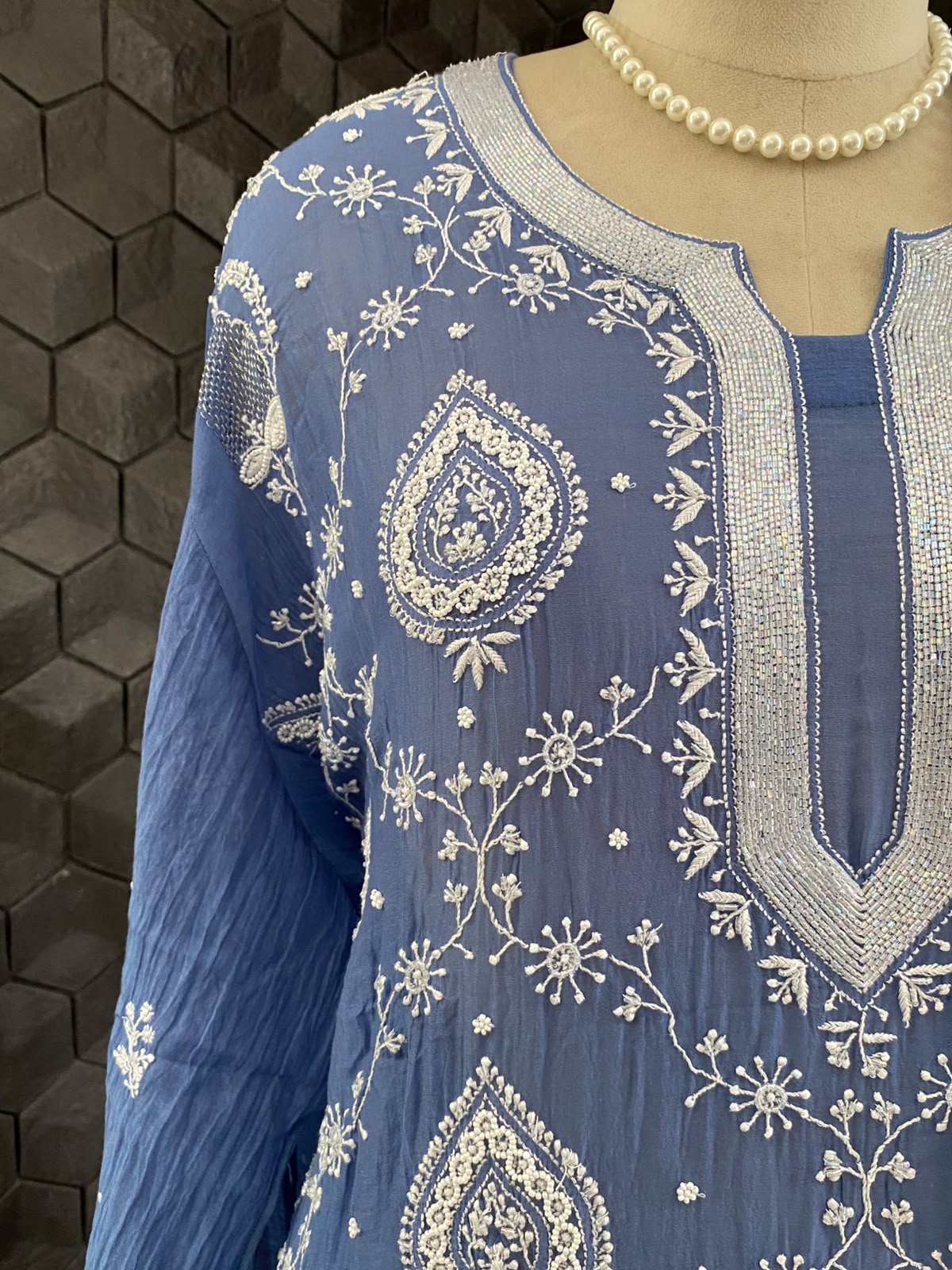 Cobalt Blue Mul Chanderi Chikankari Kurta Set