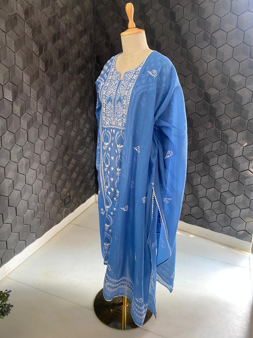 Cobalt Mul Chanderi Chikankari kurta set