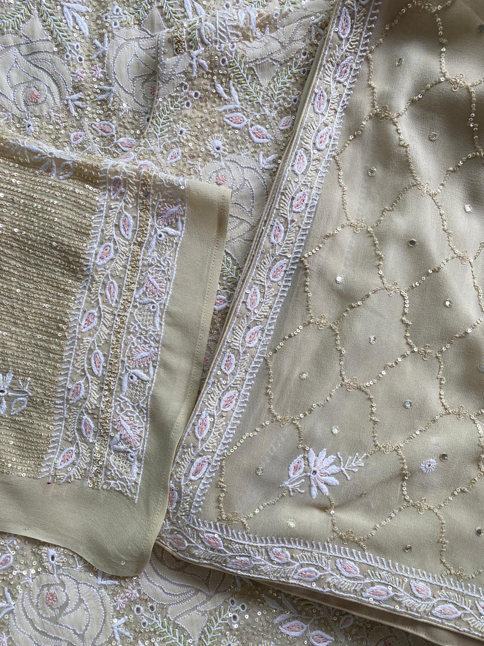 ivory georgette full jaal chikankari kurta set