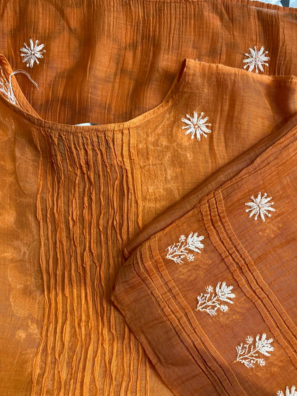 Orange mul chanderi chikankari co-ord set